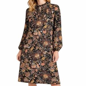H&M Black Floral Long Sleeve Midi Dress Ruffle V‑Neck Size 8 GUC